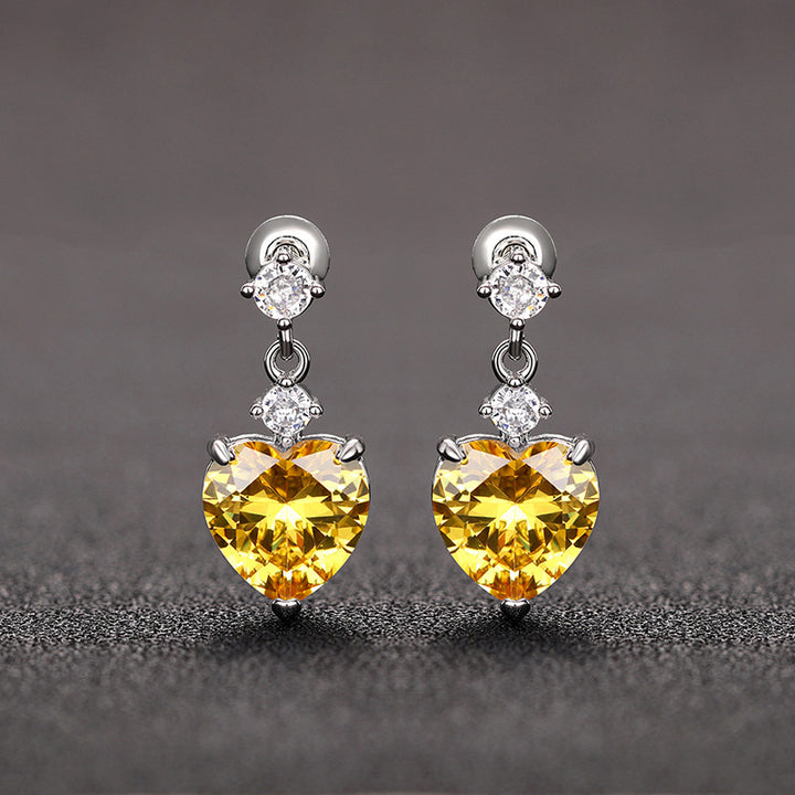 3-Stone Heart Diamond Dangle S925 Silver Stud Earrings, Multi-color Heart Cut Main Stone Luxury Earrings