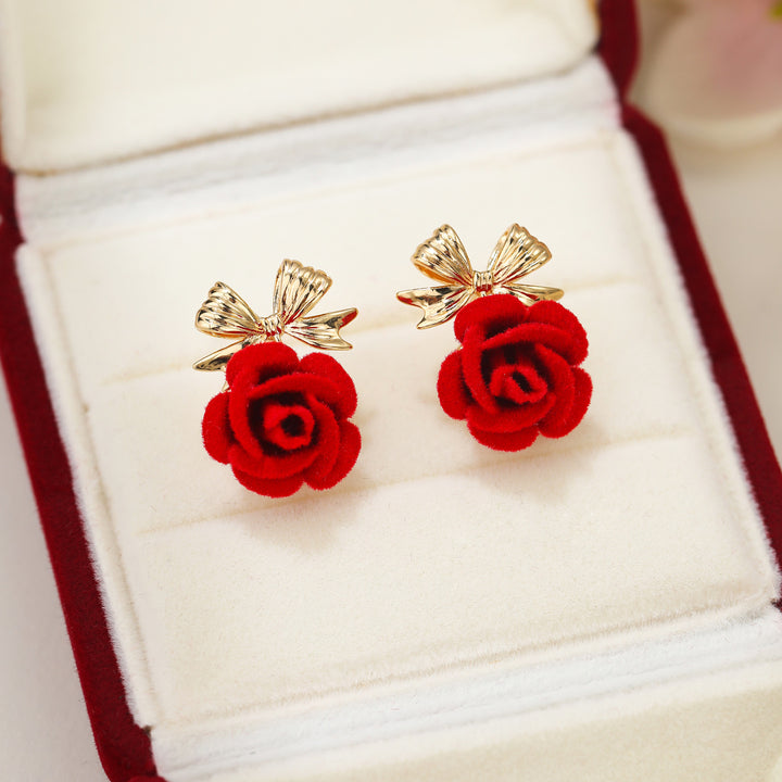 Flocking Rose Pearl Hook Earrings, Gentle Red & Pink Rose Diamond Long Dangle Earrings, Two Colors Available