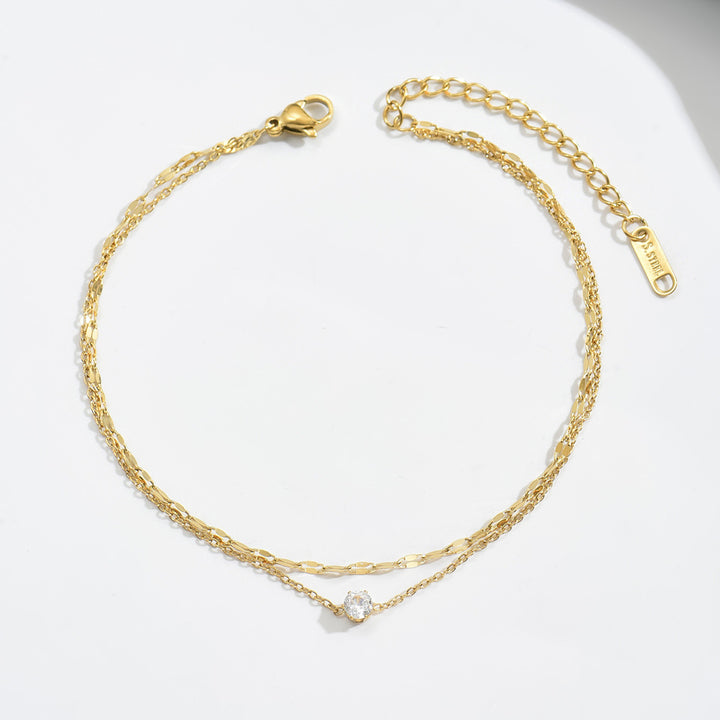 Double Layer Shiny Chain Single Diamond Anklet, Gold Silver Rose Gold Adjustable Summer Beach Ankle Jewelry for Women