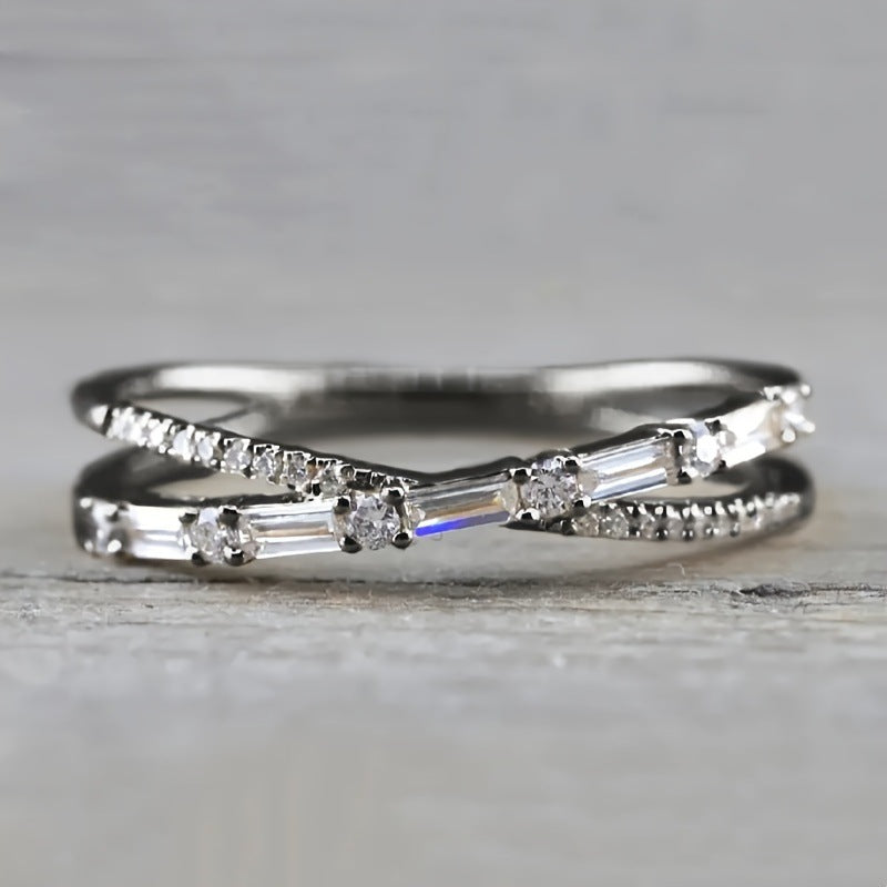 Twisted Baguette Diamond Thin Ring, Minimalist Stackable Paved Band, Gold Silver Black Three Tones Available
