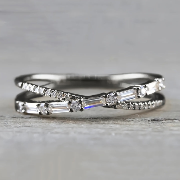 Twisted Baguette Diamond Thin Ring, Minimalist Stackable Paved Band, Gold Silver Black Three Tones Available