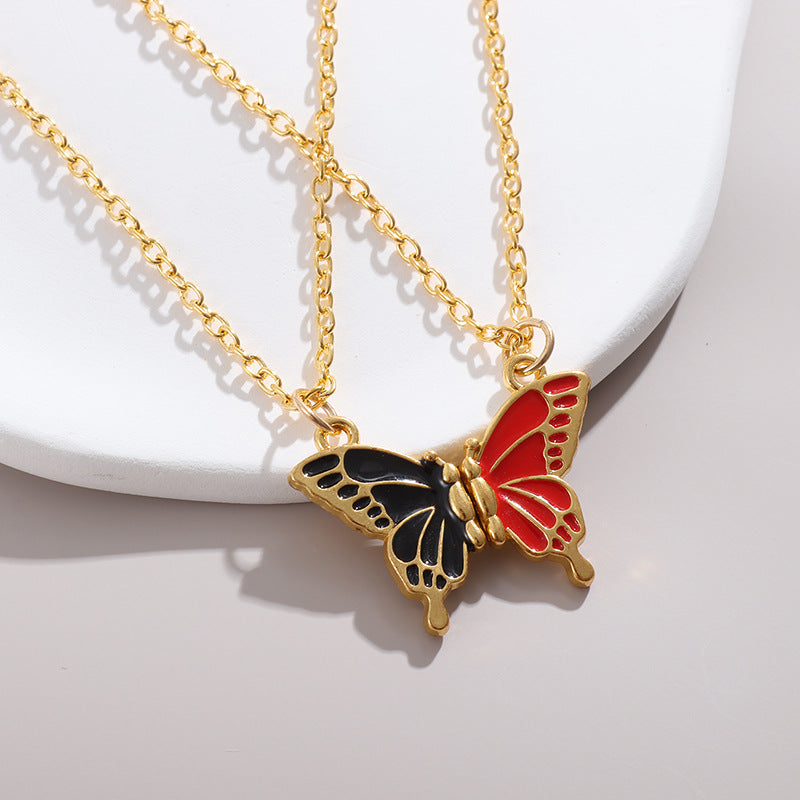 Color Enamel Butterfly Clavicle Necklace, Multi-Color Gold Border Minimal Pendant Necklace for Women
