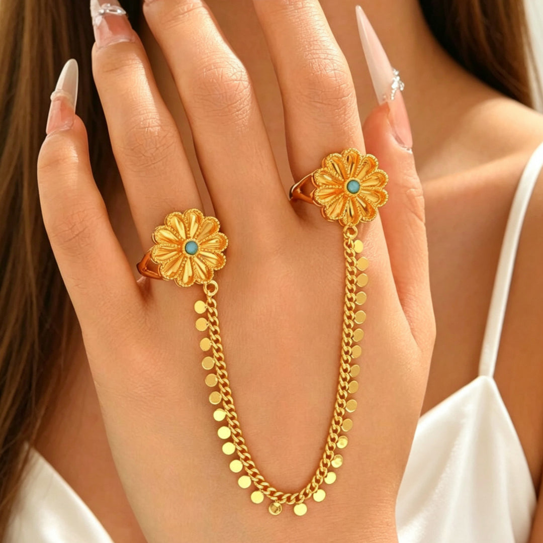 Vintage Embossed Floral Linked Double Ring Chain, Solid S925 Silver Gold-Plated 3 Gemstone Dangling Two-Finger Band