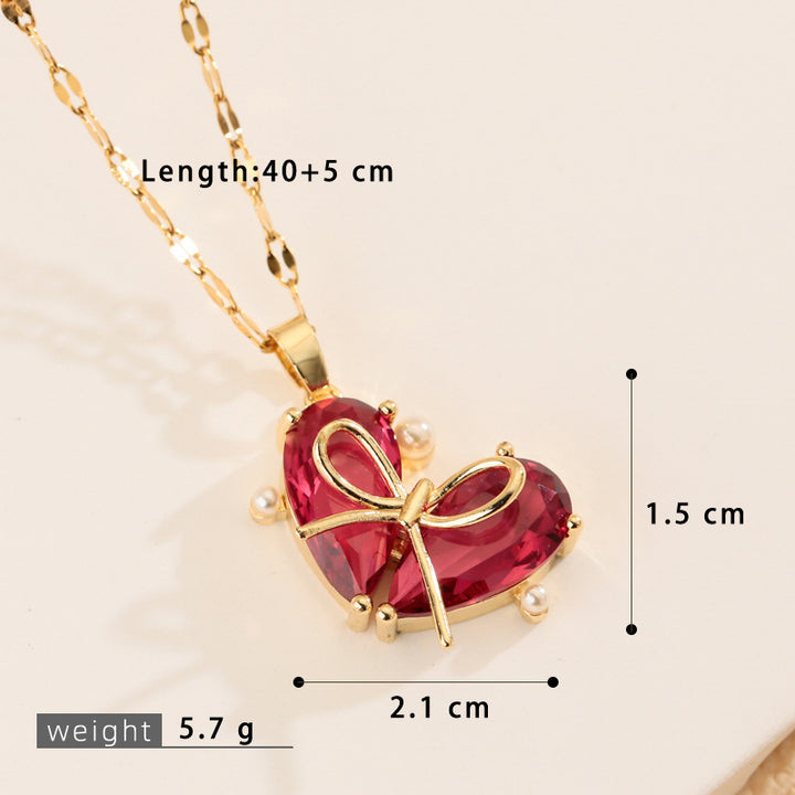 Bow‑Knot Heart Gem Pendant Necklace, 3‑Color Options