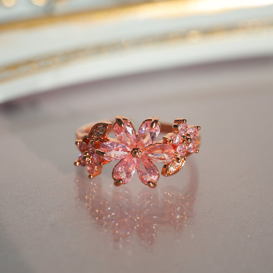 Vintage Amethyst Floral Open Ring, Luxury 3-Flower Diamond Adjustable Women Statement Ring