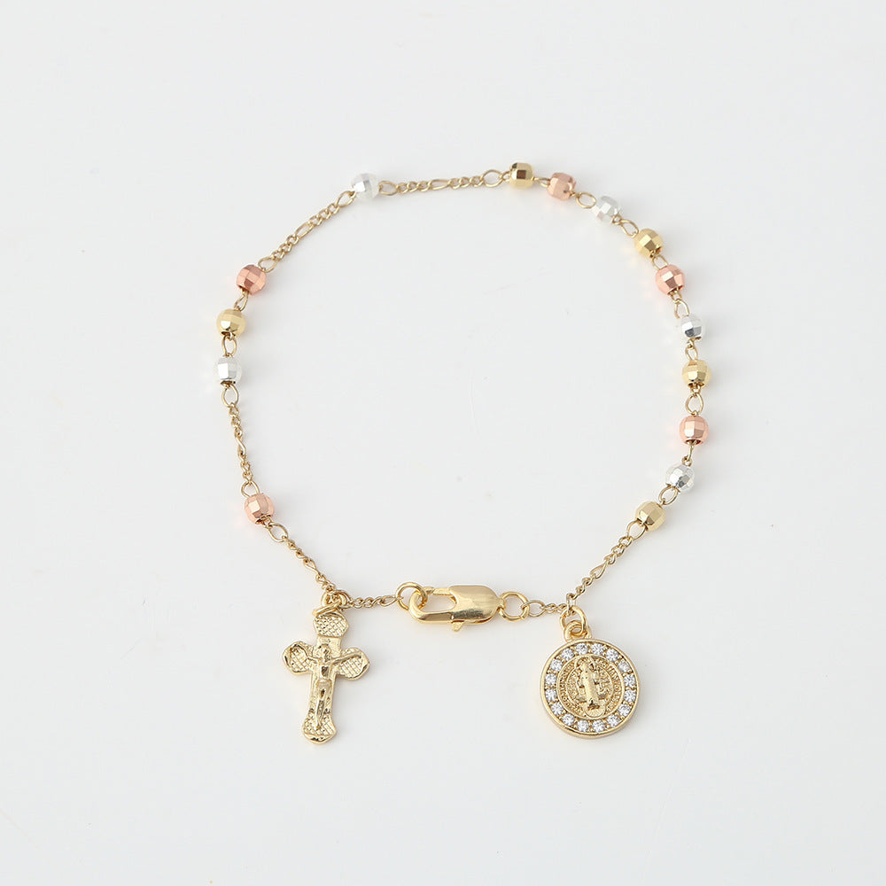 Tri-Color Faceted Bead Virgin Mary Cross Bracelet, Religious Diamond Saint Medal Jewelry, Gold Plated Rosary Bracelet for Women