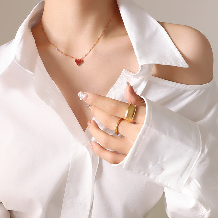 Red Enamel Heart Slim Chain Choker (Minimalist Vibe Sweet-Cool Necklace)