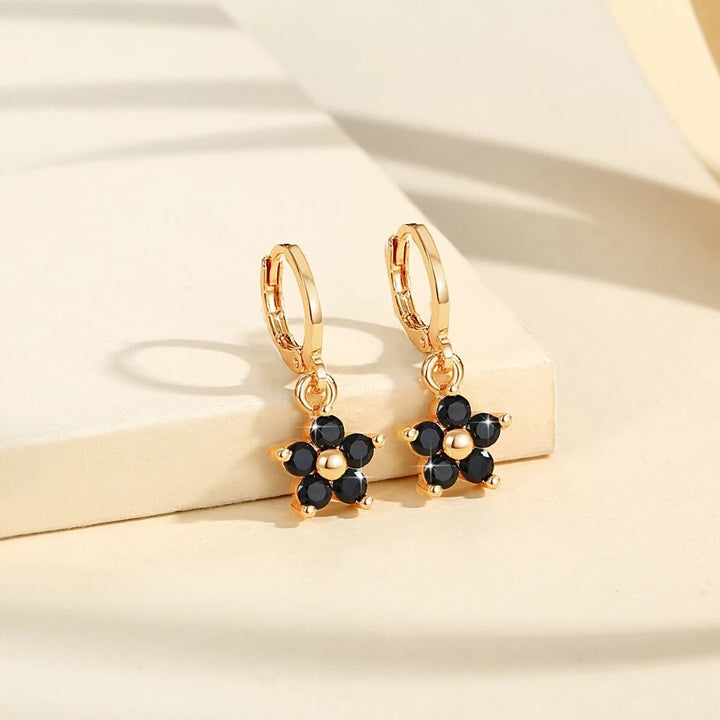 S925 Silver Paved Small Flower Huggie Earrings, Multi-color Delicate Five-petal Flower Drop Earrings
