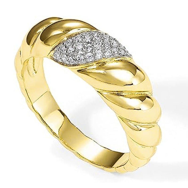 Twist Cable Half Pave Diamond Ring, Gold Silver Vintage Braided Wide Band For Women