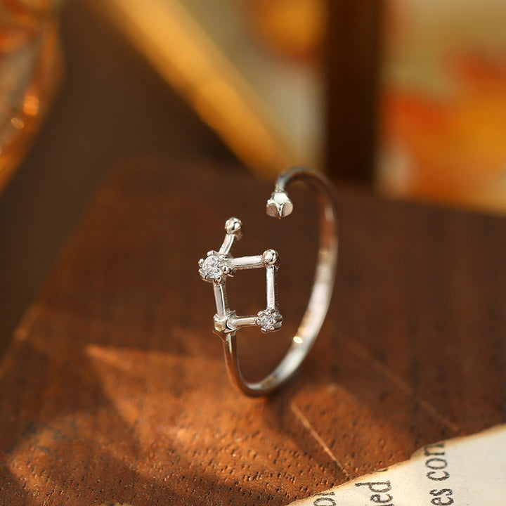 925 Silver Diamond-Inlaid 12 Constellations Open Adjustable Ring (Unisex Luxury Personalized Style)