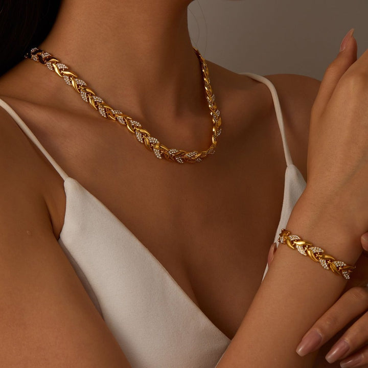 Rhinestone Wheat Necklace & Bracelet Set, S925 Sterling Silver Luxury Inlaid Wheat Jewelry 2Pcs Set