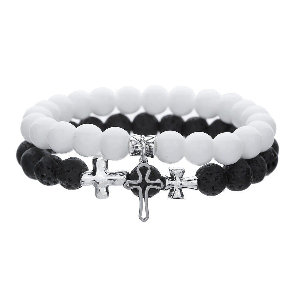 Black Lava Stone & White Turquoise Cross Couple Bracelets（1part/2 pcs）