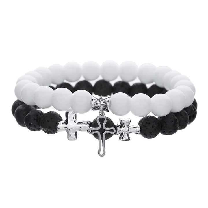 Black Lava Stone & White Turquoise Cross Couple Bracelets（1part/2 pcs）