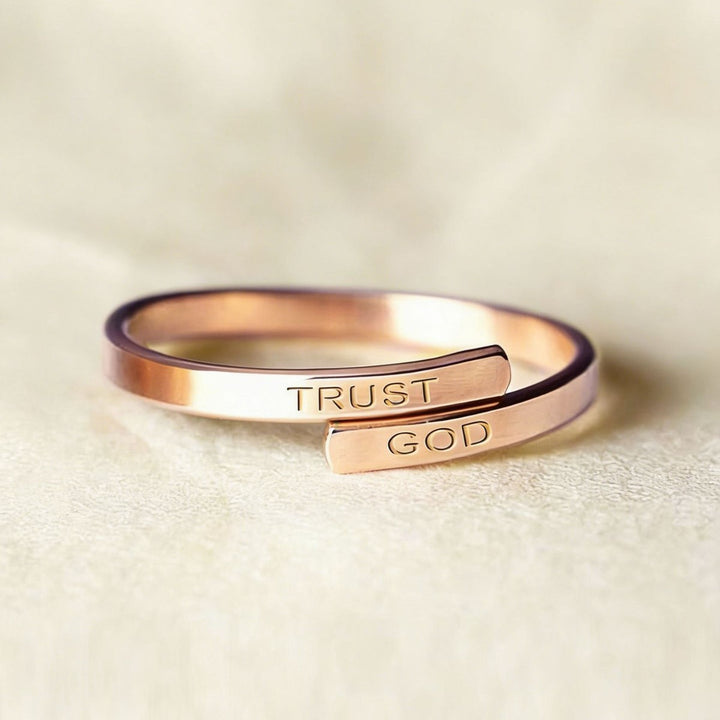 S925 Silver Engraved "TRUST GOD" Bypass Open Ring, Minimalist Adjustable Thin Band