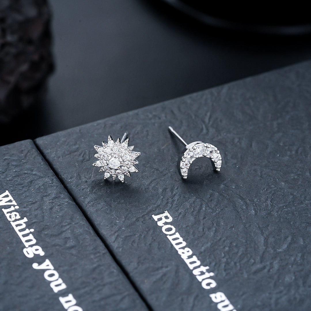 Sun And Moon Asymmetric Diamond Earrings, Starry Moon Paved Stud Earrings