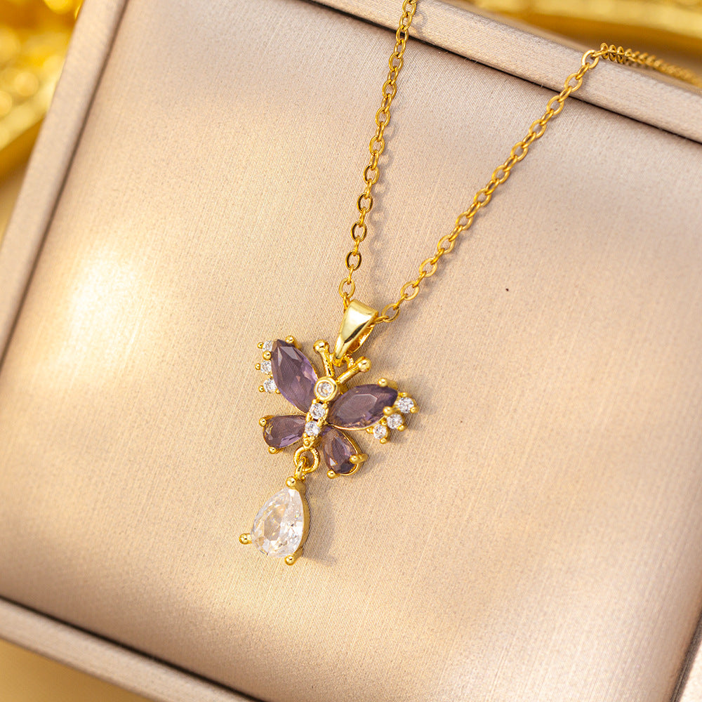 Double Butterfly Colored Diamond & Teardrop Pendant Choker (Sweet-Cool Girlish Heart Light Luxury Style)