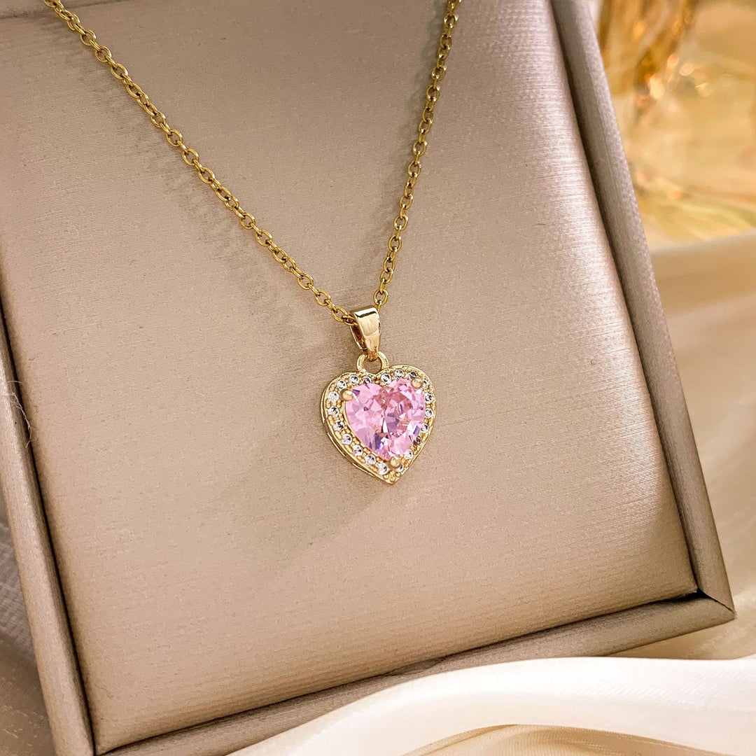 Silver Chain Pink Heart Halo Necklace (Women's Sweet Vitality Luxury Style)