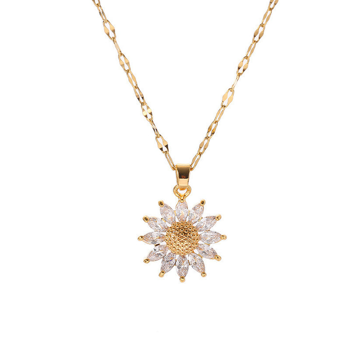 Pave Diamond Sunflower Collarbone Necklace, Marquise Crystal Sun‑Flower Pendant, Gold & Silver Two‑Tone Multiple Chain Styles Dainty Jewelry