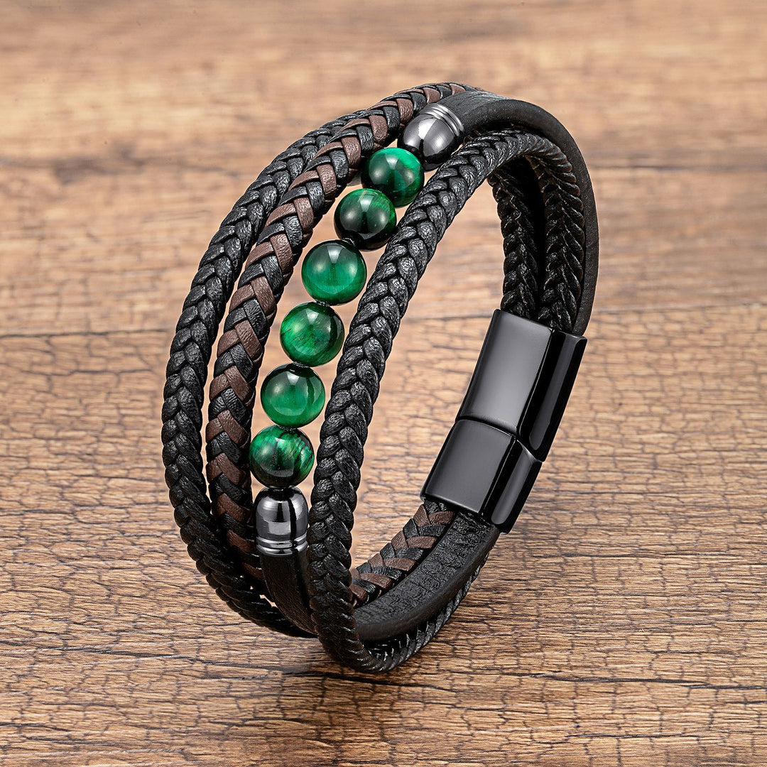 Natural Stone Beaded Braided Leather Men's Bracelet (Multi-Color Magnetic Clasp Wristband)
