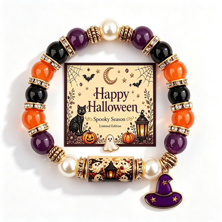 Halloween Skull Moon Star Beaded Stretch Bracelet, Vintage Pumpkin Themed Wrist Jewelry