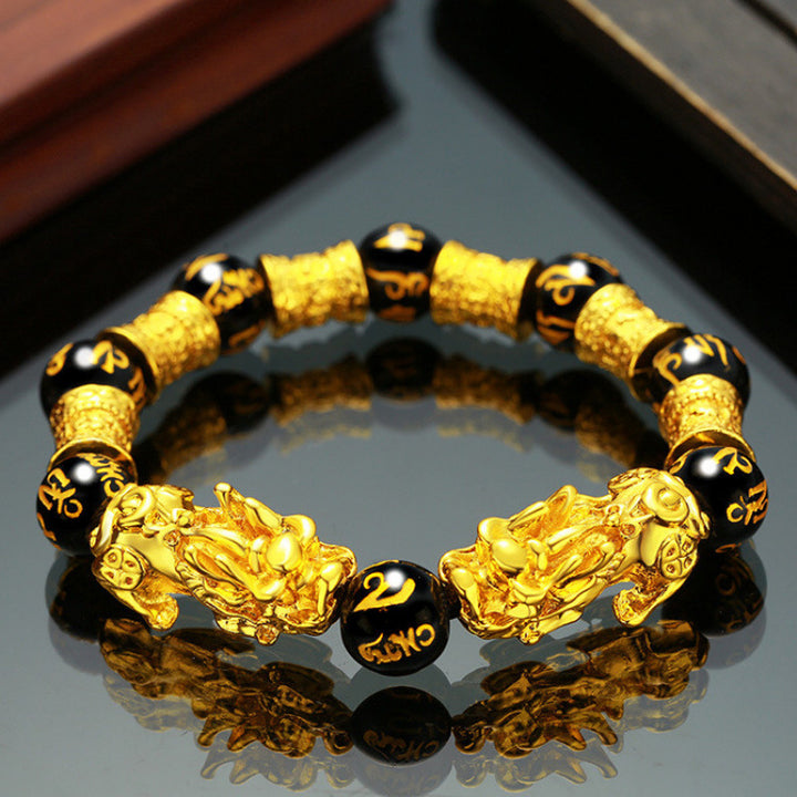 Gold‑Plated Pi Xiu Obsidian Bracelet, Six‑Word Mantra Black Round Bead Multi‑Style Men Single Strand Bracelet