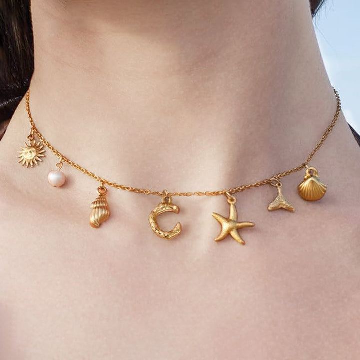 Ocean Vacation Multi-Charm Initial Choker, Starfish Shell Mermaid Tail Sun Pearl Custom Letter Thin Necklace for Women