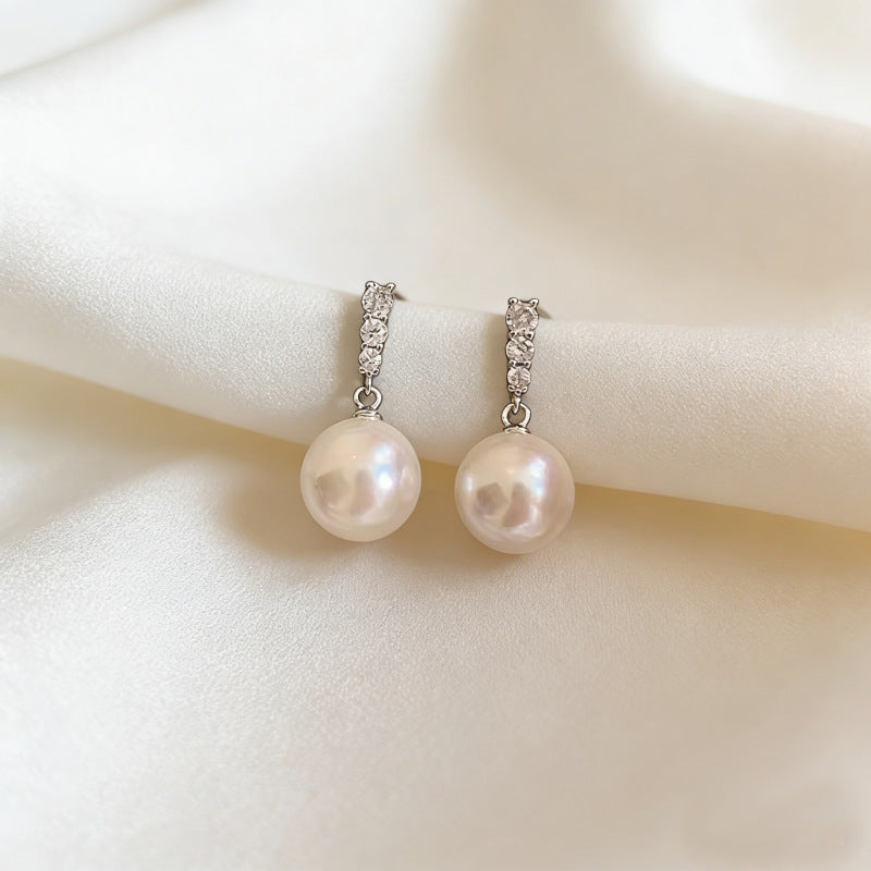 Three Stone Short Pearl Drop Stud Earrings, Simple Luxury Luster Pearl Dangle Earrings, Gold & Silver Two Tones Available