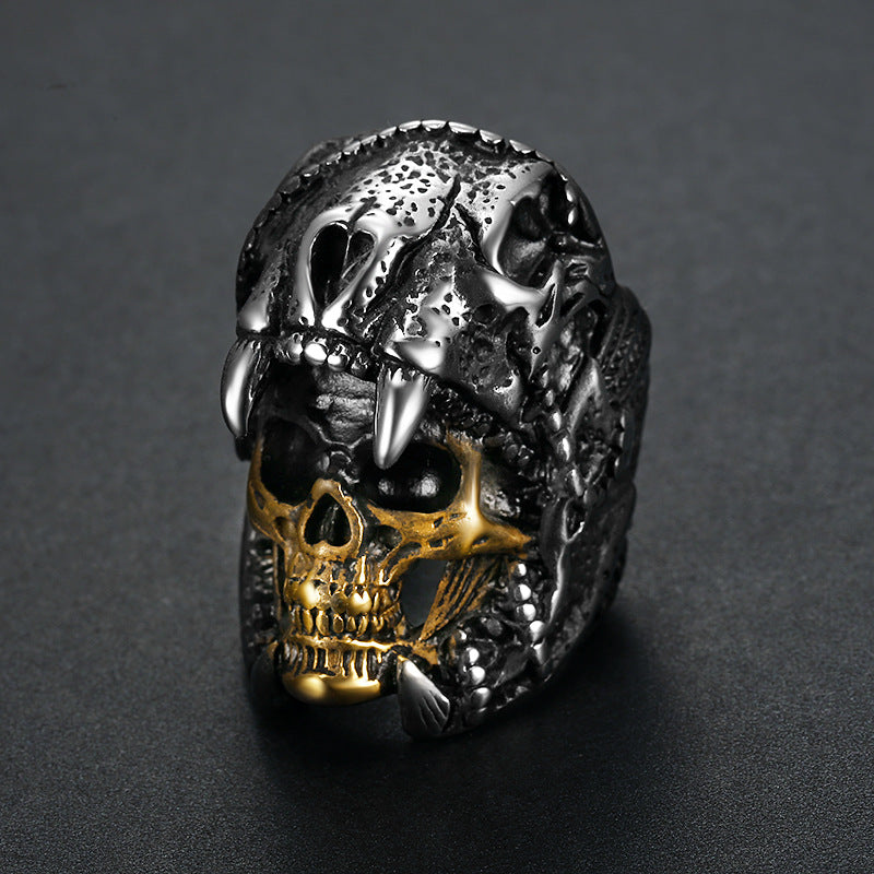 3D Beast Skull Wrapped Skeleton Wide Ring, S925 Silver Black / Antiqued Silver / Silver-Gold Two-Tone Heavy Dark Unisex Band