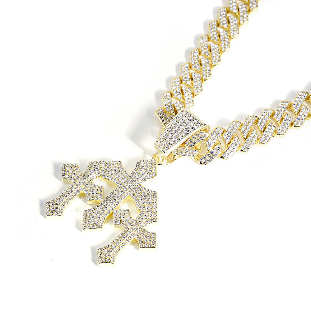 Iced Out Triple Cross Pendant Cuban Link Necklace, Hip Hop Heavy Diamond Chunky Chain Unisex Long Statement Necklace