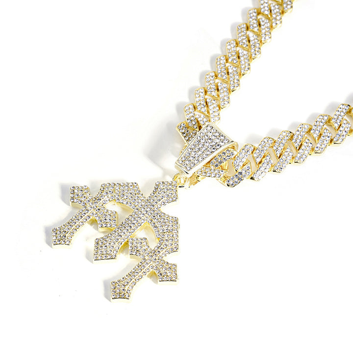 Iced Out Triple Cross Pendant Cuban Link Necklace, Hip Hop Heavy Diamond Chunky Chain Unisex Long Statement Necklace