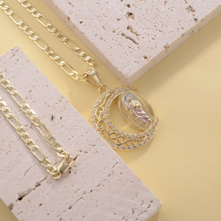 Gold Figaro Chain Necklace With Crescent‑Shaped Saint Enamel Pendant, Multi‑Color Option
