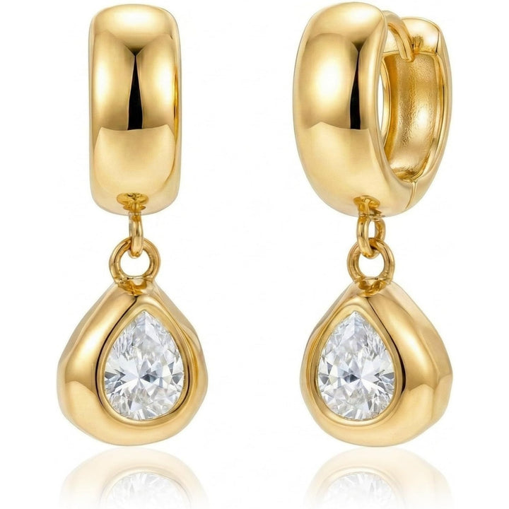 S925 Silver Bezel Set Round & Pear Diamond Huggie Earrings, Polished Hoop Removable Charm Drop Earrings