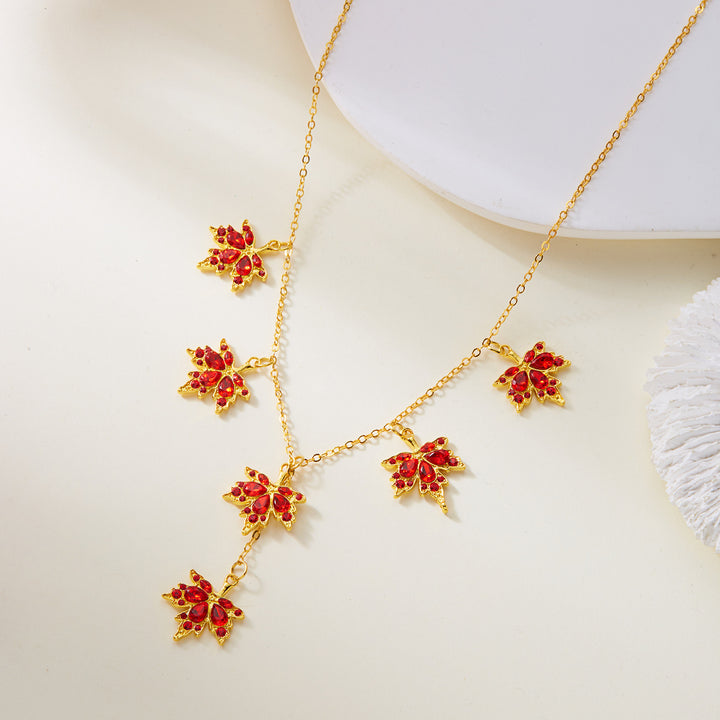 Red Diamond Maple Leaf Jewelry Set (Necklace + Bracelet + Hoop Earrings)