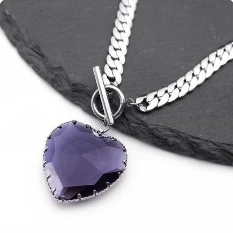 Large Heart Gemstone OT Clasp Cuban Link Necklace (Goth Sweet & Edgy Choker)