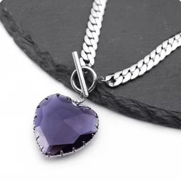 Large Heart Gemstone OT Clasp Cuban Link Necklace (Goth Sweet & Edgy Choker)
