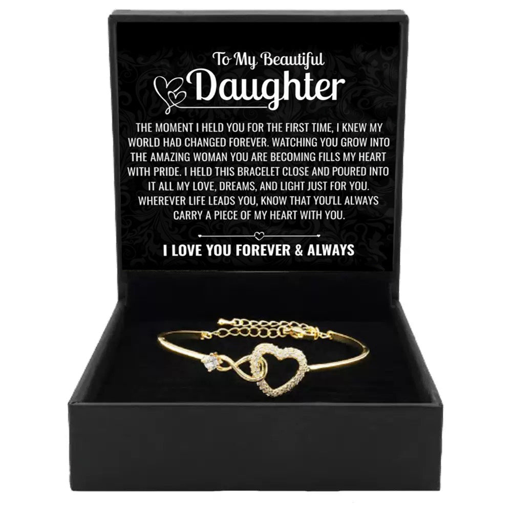 Sentimental Infinity Heart Diamond Bracelet (Family Themed Gold Tone Adjustable Bangle)