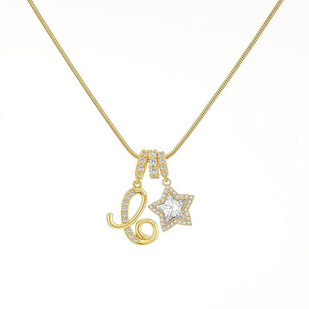 Script Initial Pave Star Dual Charm Snake Chain Necklace, Gold & Silver Custom Letter Choker