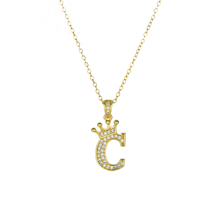 Crown Paved Diamond Initial Letter Necklace, 14K Gold Plated Personalized Dainty Chain, A-Z Available