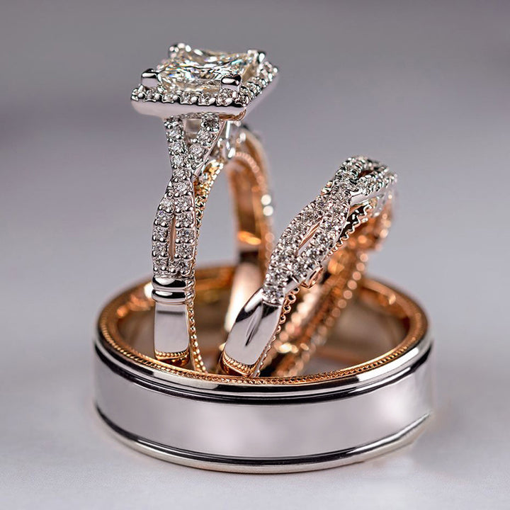 Princess Cut Twisted Paved Three-Piece Wedding Ring Set, Gold Silver Rose Gold Luxury Engagement Matching Ring Set