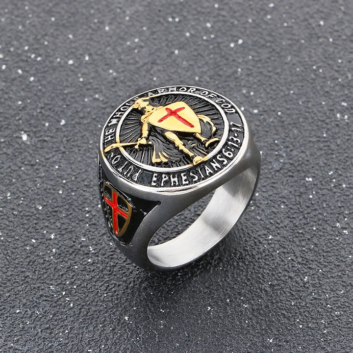 Full Armor of God Knight Cross Men's Signet Ring, 3‑Color Options