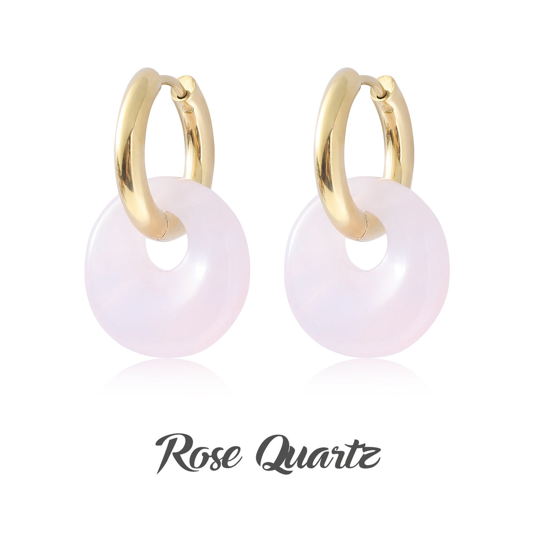 Multi-Color Natural Stone Donut S925 Silver Hoop Earrings, Gold Interlocking Geometric Huggie Earrings, Minimalist Dangle Earrings for Women, 9 Stone Options