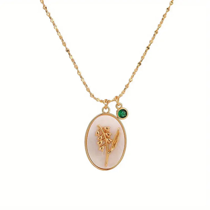Mother-of-Pearl Carnation Birthstone Necklace (Gentle Gold Tone Pendant)