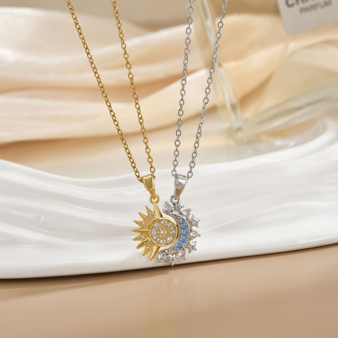 Detachable Sun & Moon Couple Necklaces, Multi-Color Paved Diamond Split Star Moon Pendant Dainty Clavicle Necklace