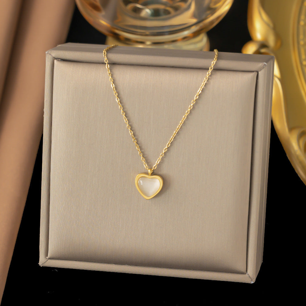 Sweet Heart Cat's Eye Jewelry Two-Piece Set, Gold-Plated Necklace & Stud Earrings Luxury Women Daily Accessory