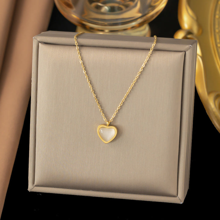 Sweet Heart Cat's Eye Jewelry Two-Piece Set, Gold-Plated Necklace & Stud Earrings Luxury Women Daily Accessory