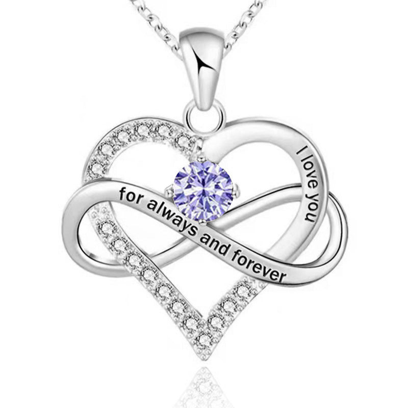 Infinity Intertwined Heart Engraved Birthstone Necklace, Eternal Love Heart Pendant Clavicle Chain with Birthstone