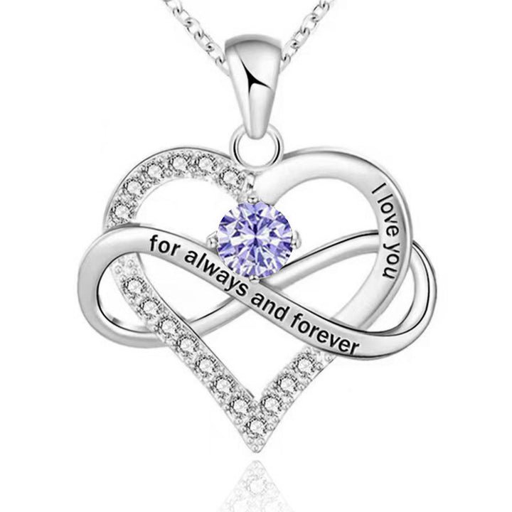 Infinity Intertwined Heart Engraved Birthstone Necklace, Eternal Love Heart Pendant Clavicle Chain with Birthstone