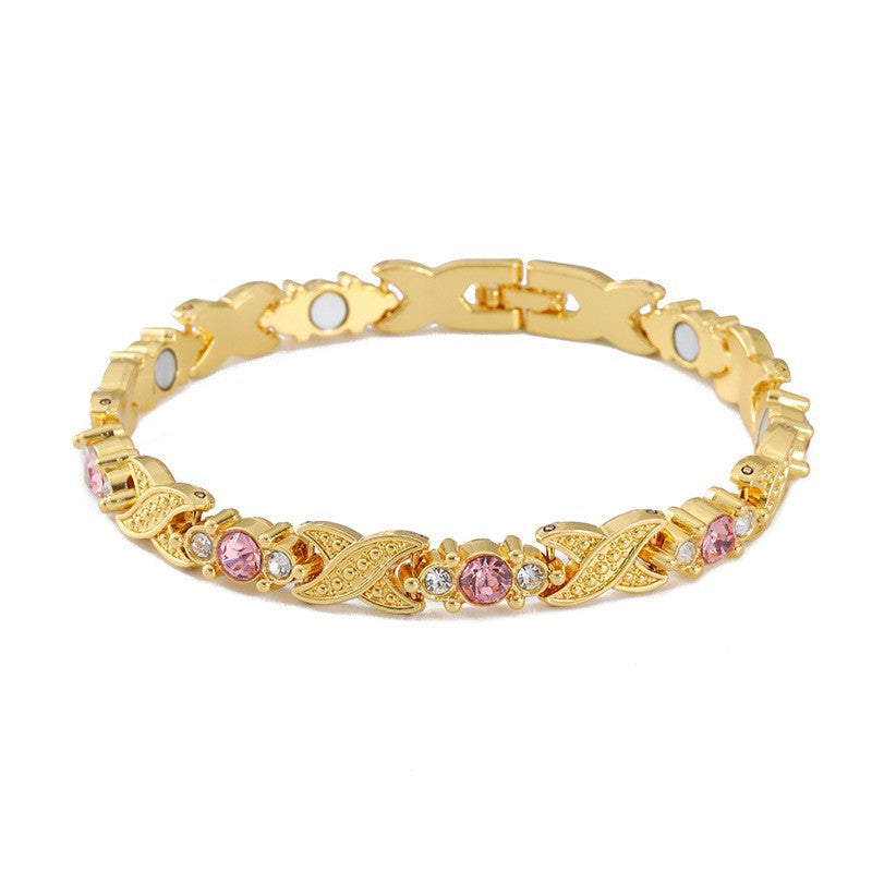 Twist Leaf Magnetic Diamond Gold Bracelet, Multi-Color Gem Women Health Magnet Bangle