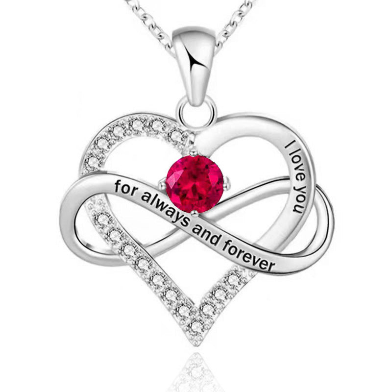 Infinity Intertwined Heart Engraved Birthstone Necklace, Eternal Love Heart Pendant Clavicle Chain with Birthstone
