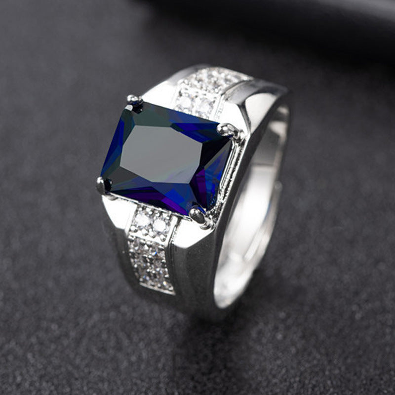 Men's Luxury Rectangular Gem Wide Band Ring (Emerald & Sapphire Two Colors Business Ring)